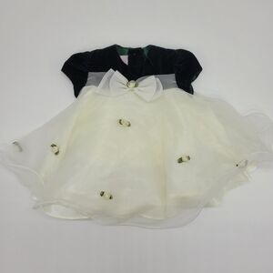 La Princess Dress Velvet Tulle Green Cream Holiday Party Flowers Bow Size 6-9mo